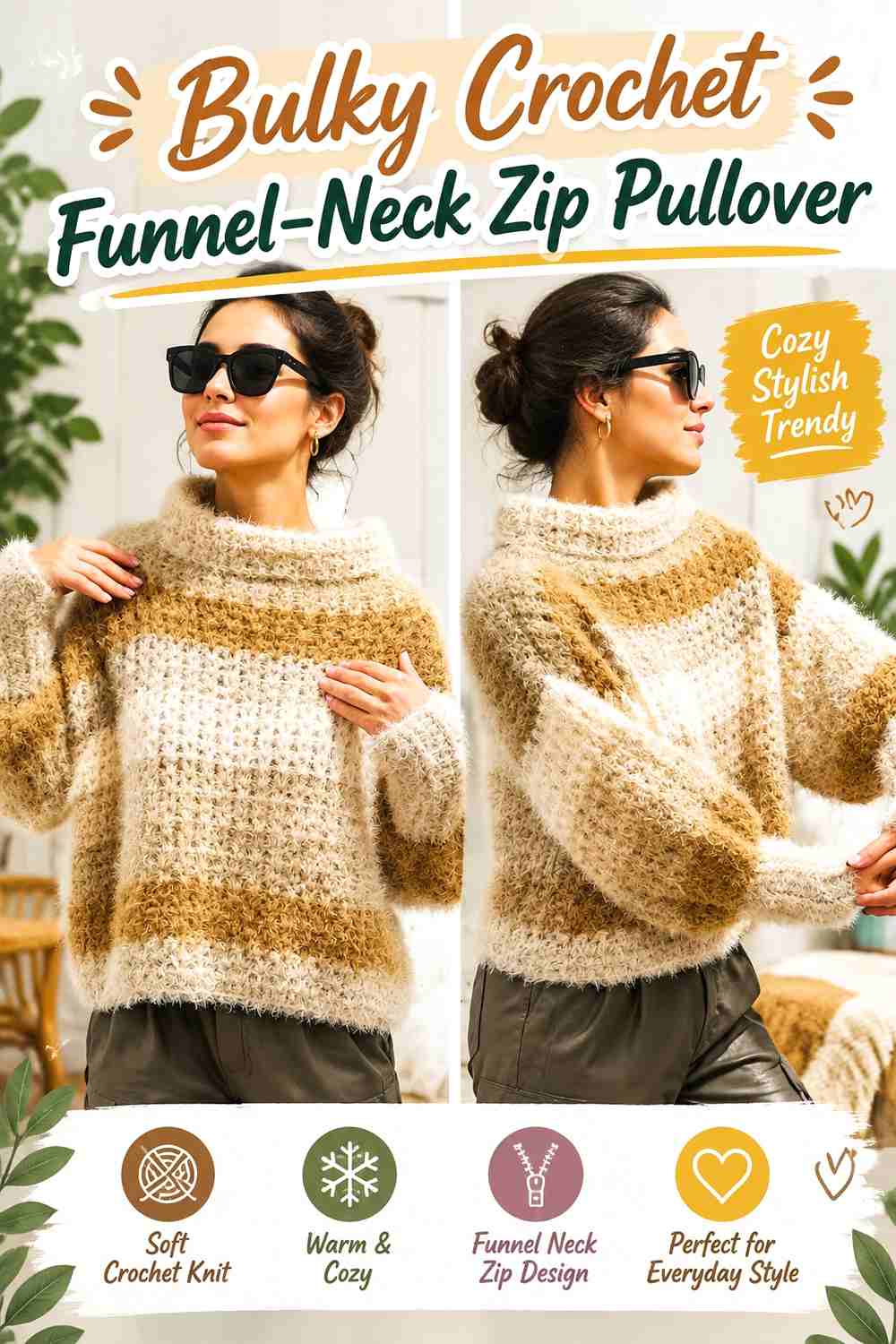 17. Bulky Crochet Funnel-Neck Zip Pullover