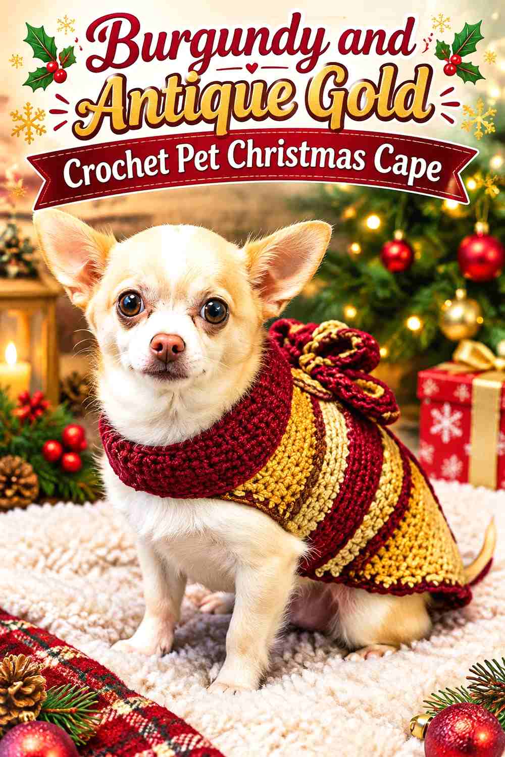 3. Burgundy and Antique Gold Crochet Pet Christmas Cape