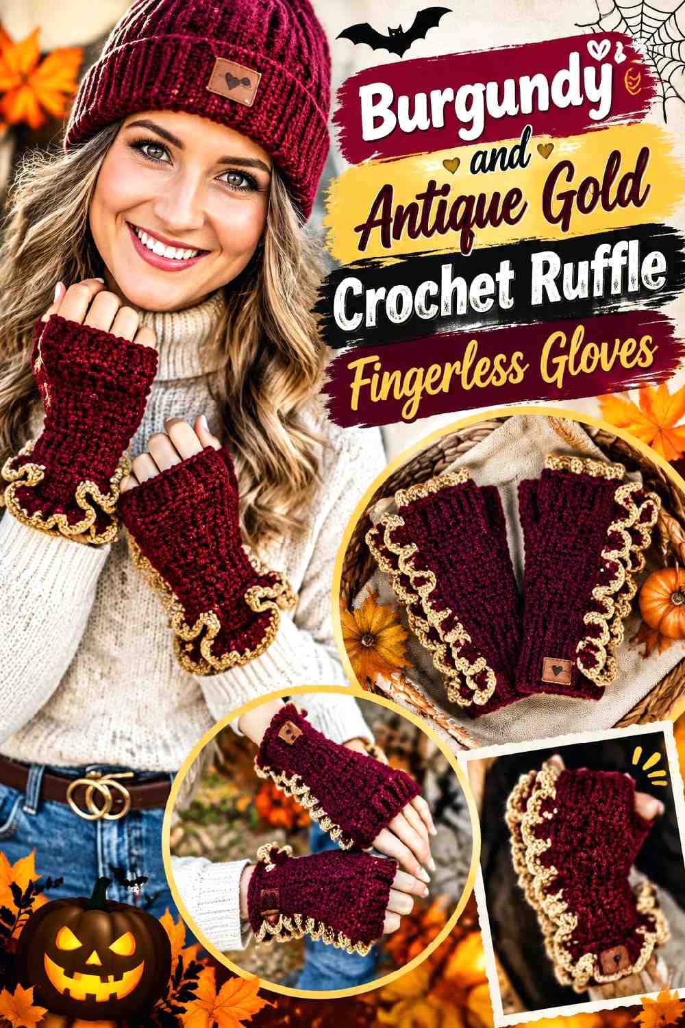 5. Burgundy And Antique Gold Crochet Ruffle Fingerless Gloves