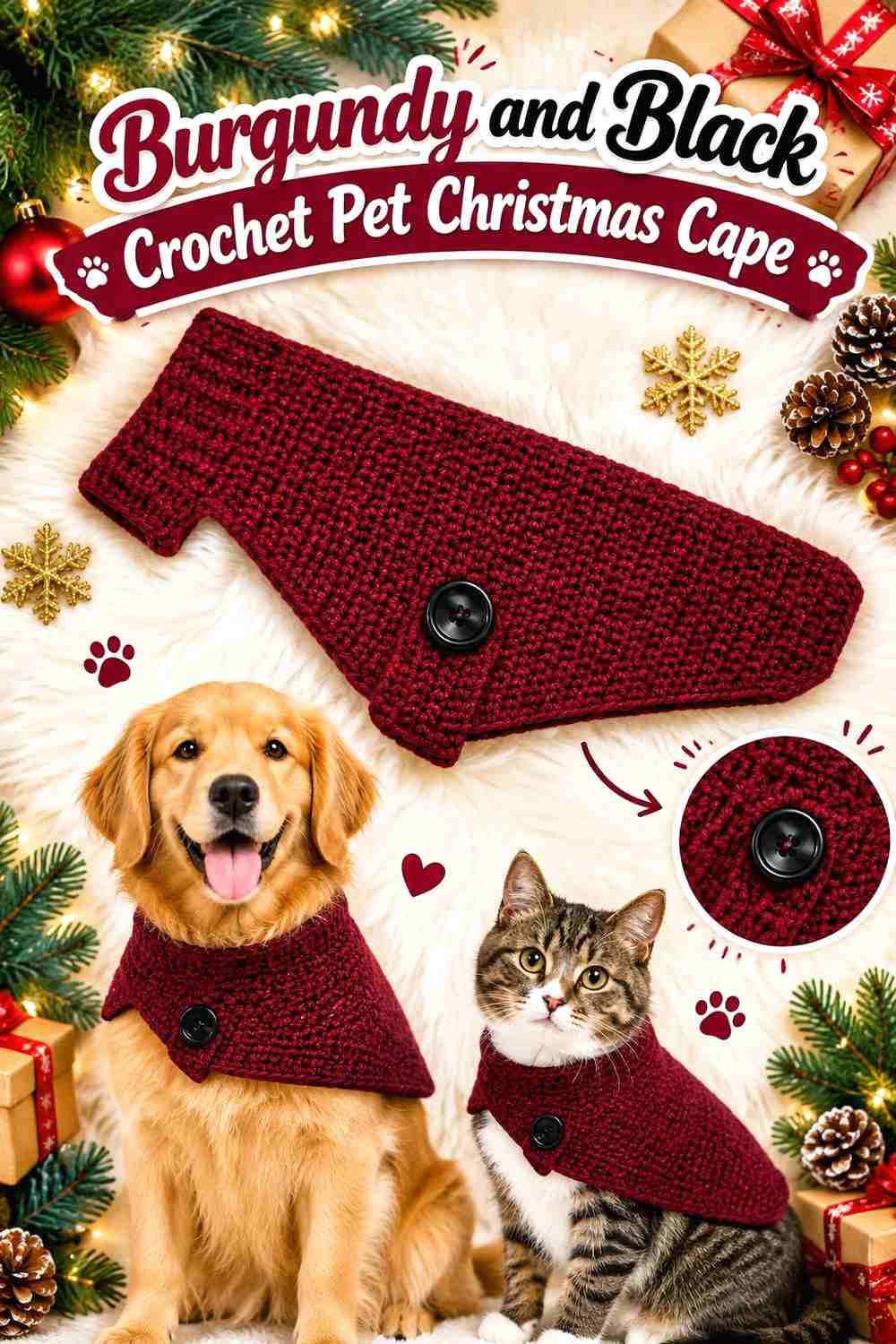 5. Burgundy and Black Crochet Pet Christmas Cape