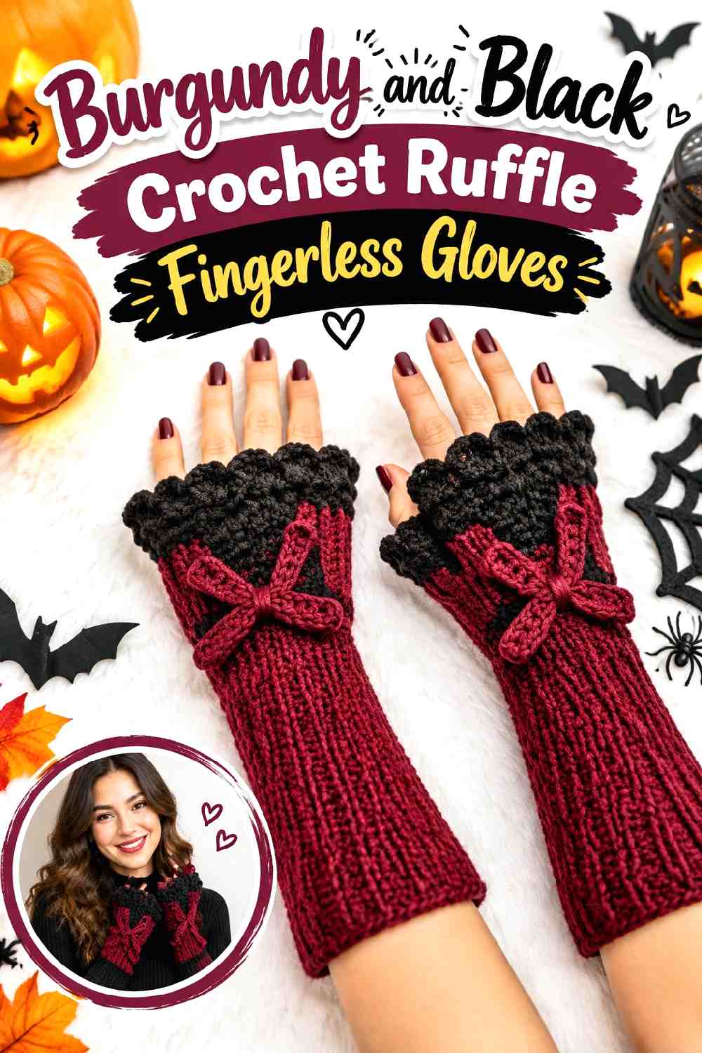 15. Burgundy And Black Crochet Ruffle Fingerless Gloves