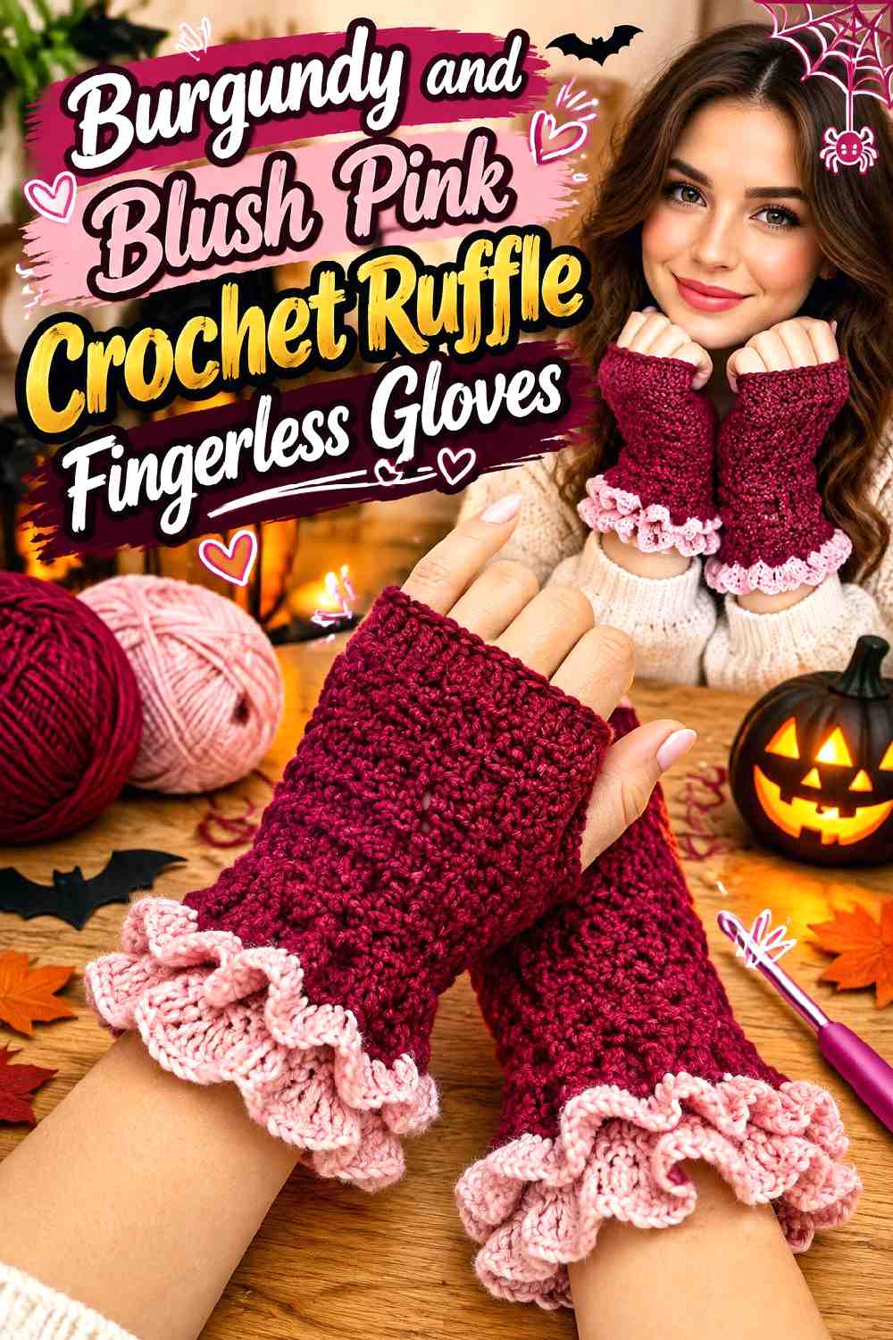 7. Burgundy And Blush Pink Crochet Ruffle Fingerless Gloves