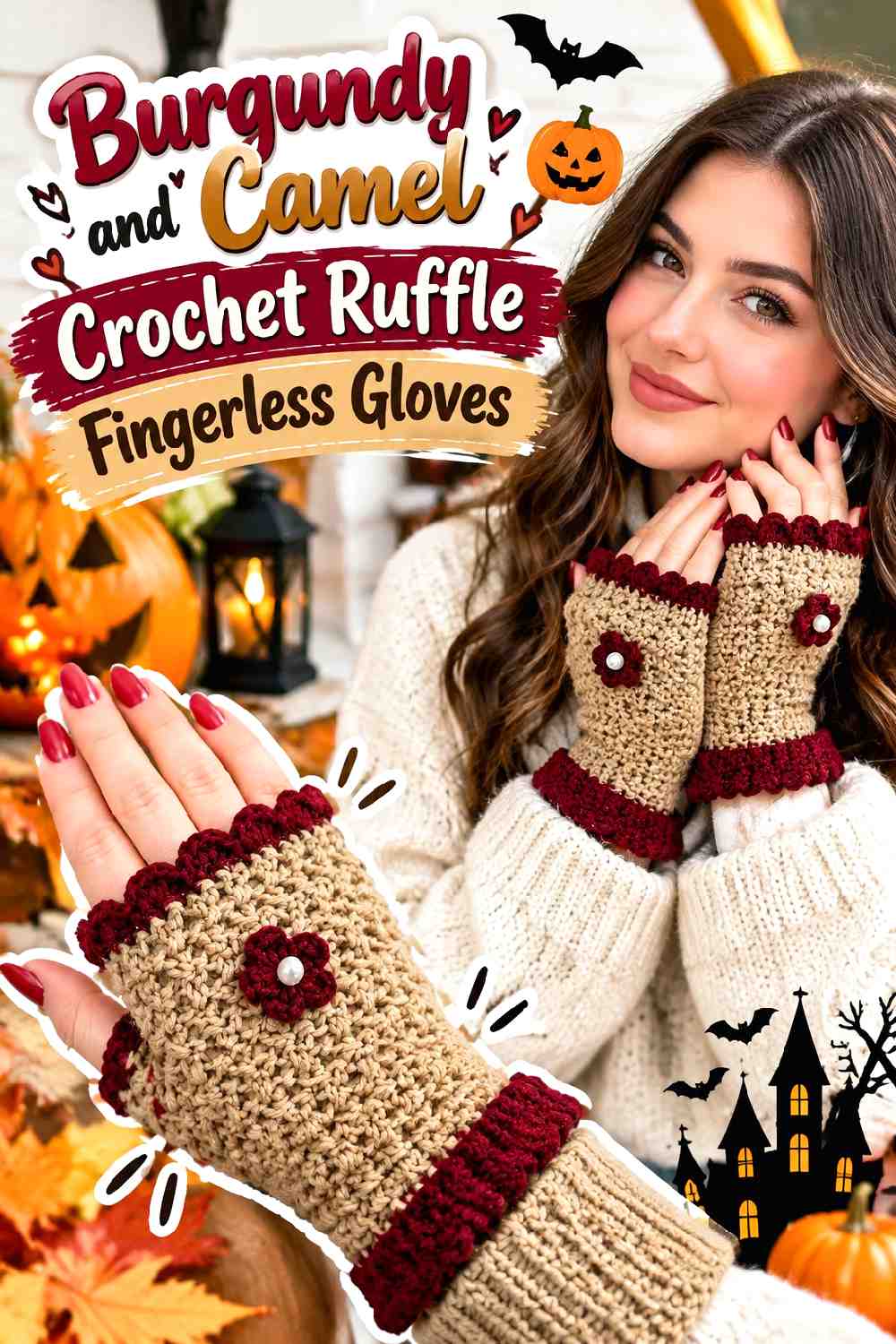 3. Burgundy And Camel Crochet Ruffle Fingerless Gloves