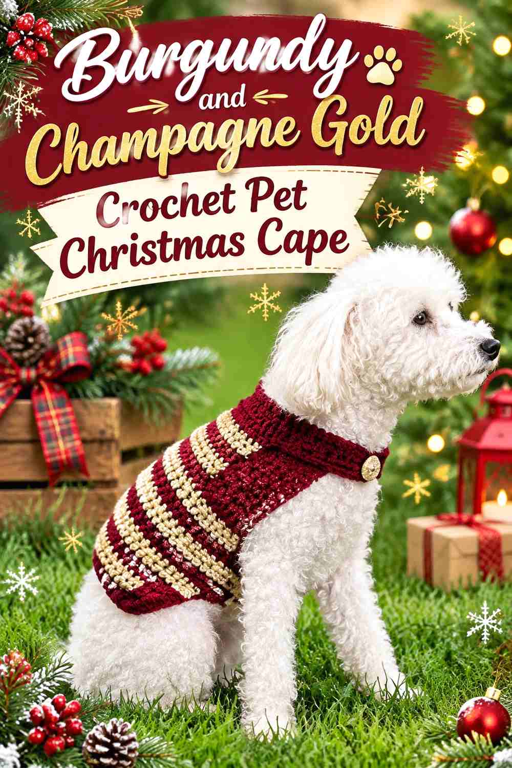 8. Burgundy and Champagne Gold Crochet Pet Christmas Cape