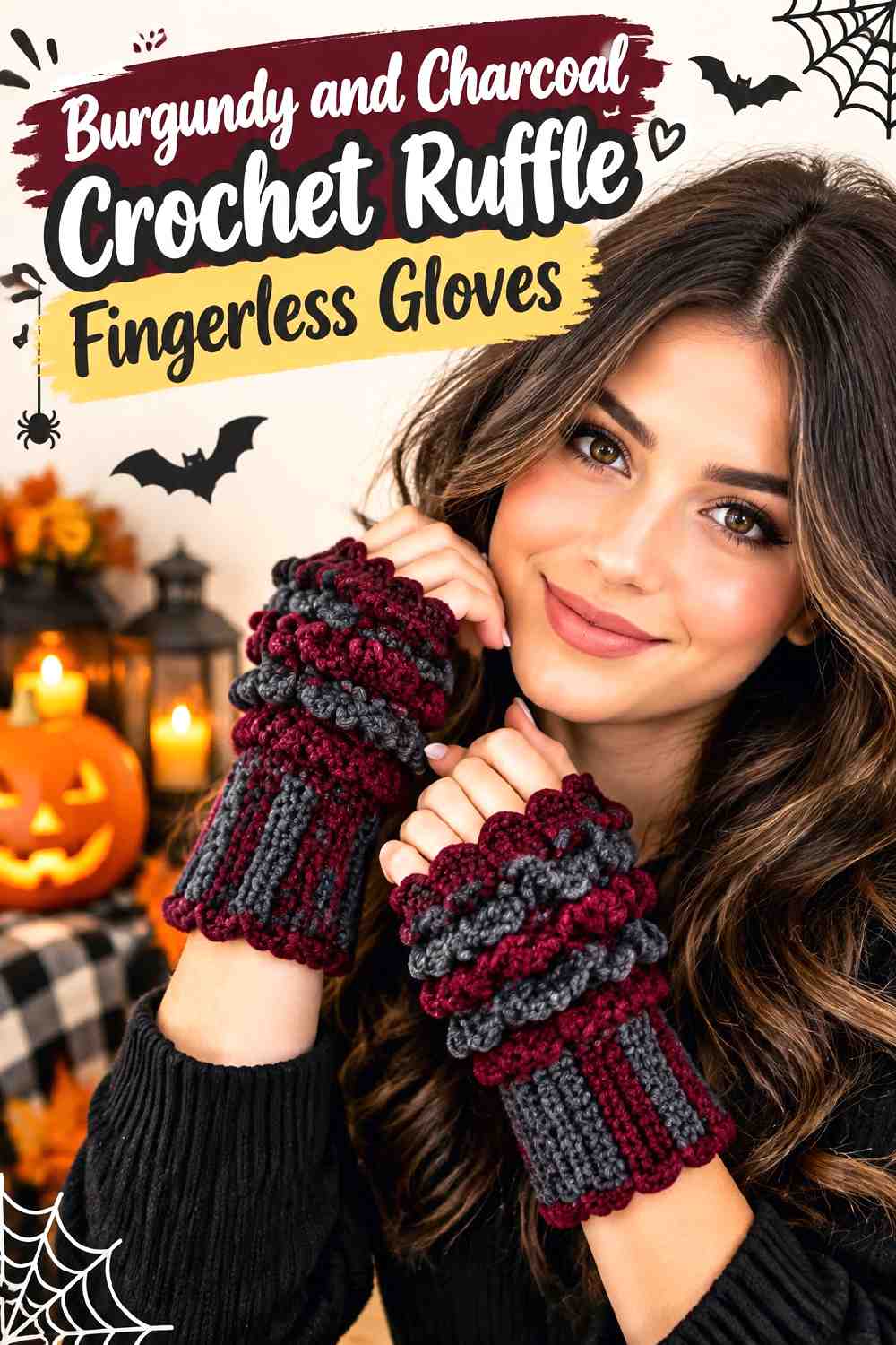 6. Burgundy And Charcoal Crochet Ruffle Fingerless Gloves