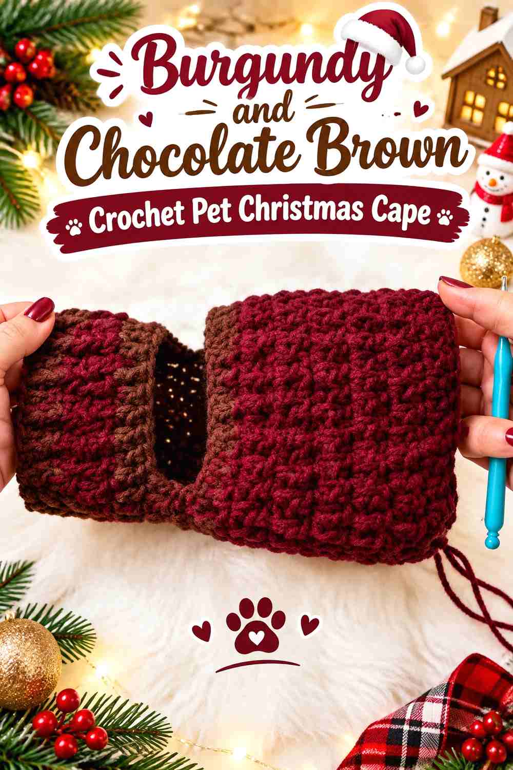 9. Burgundy and Chocolate Brown Crochet Pet Christmas Cape