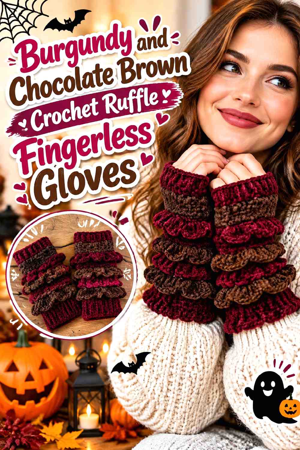 11. Burgundy And Chocolate Brown Crochet Ruffle Fingerless Gloves