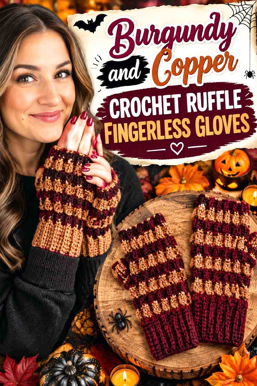 12. Burgundy And Copper Crochet Ruffle Fingerless Gloves