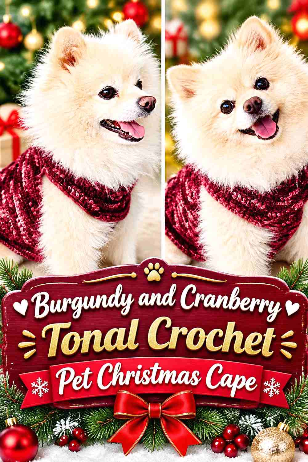 12. Burgundy and Cranberry Tonal Crochet Pet Christmas Cape