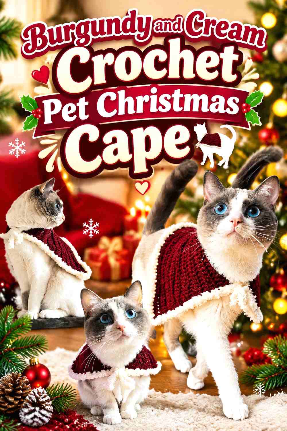 1. Burgundy and Cream Crochet Pet Christmas Cape