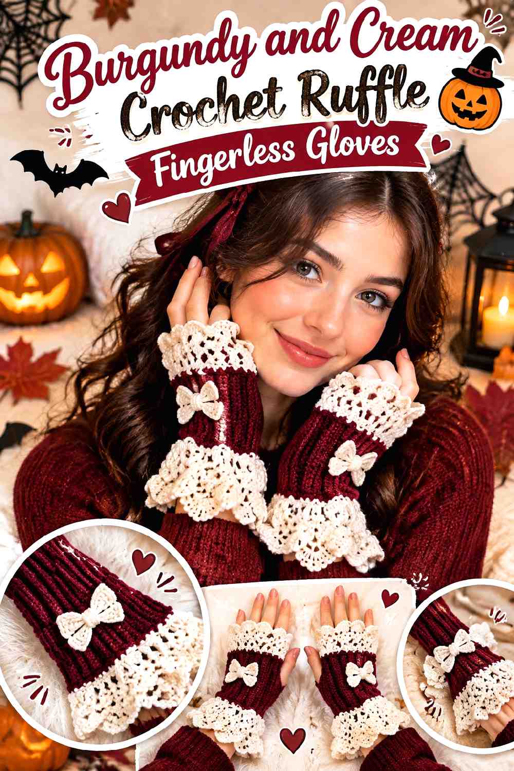 1. Burgundy And Cream Crochet Ruffle Fingerless Gloves