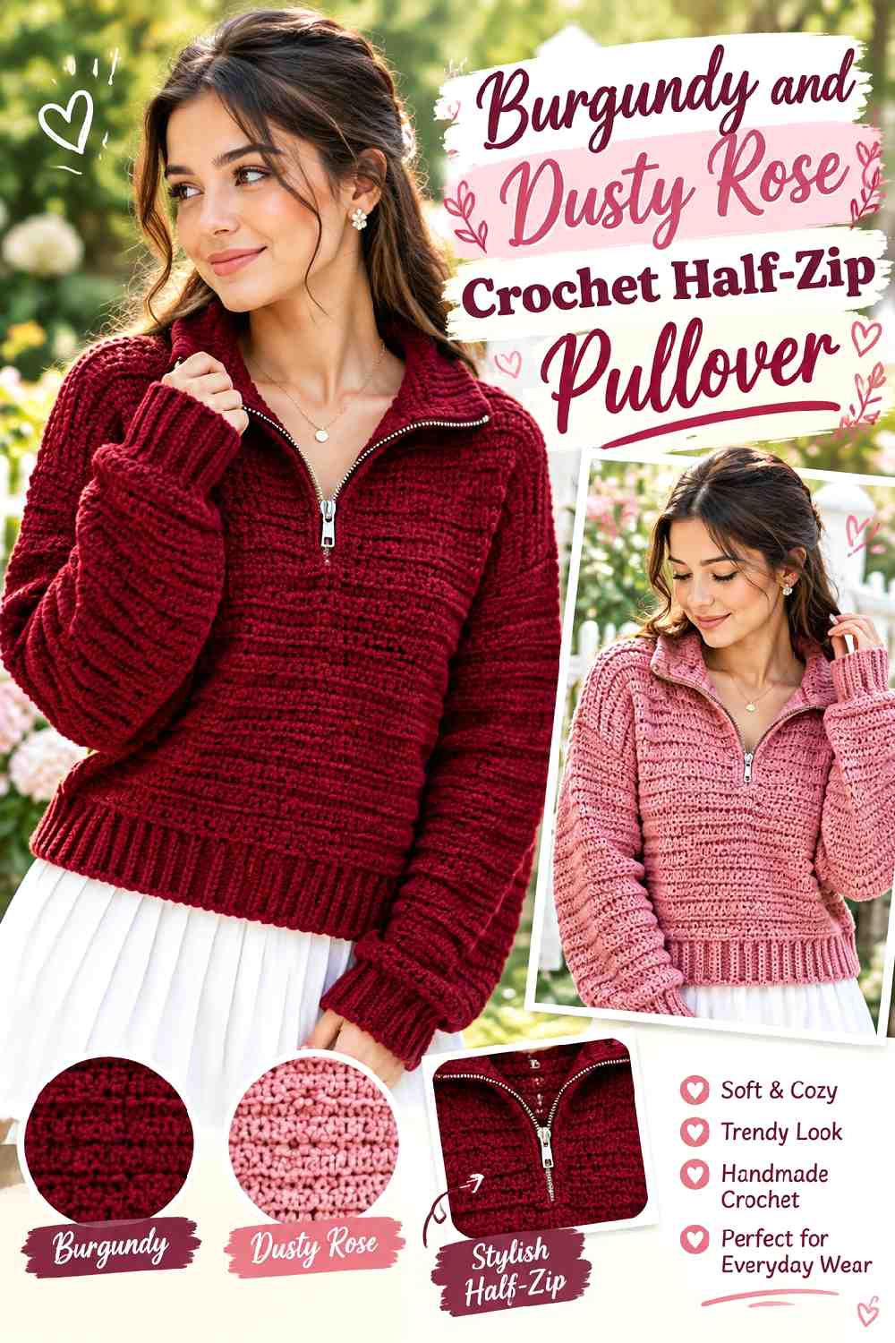 3. Burgundy And Dusty Rose Crochet Half Zip Pullover