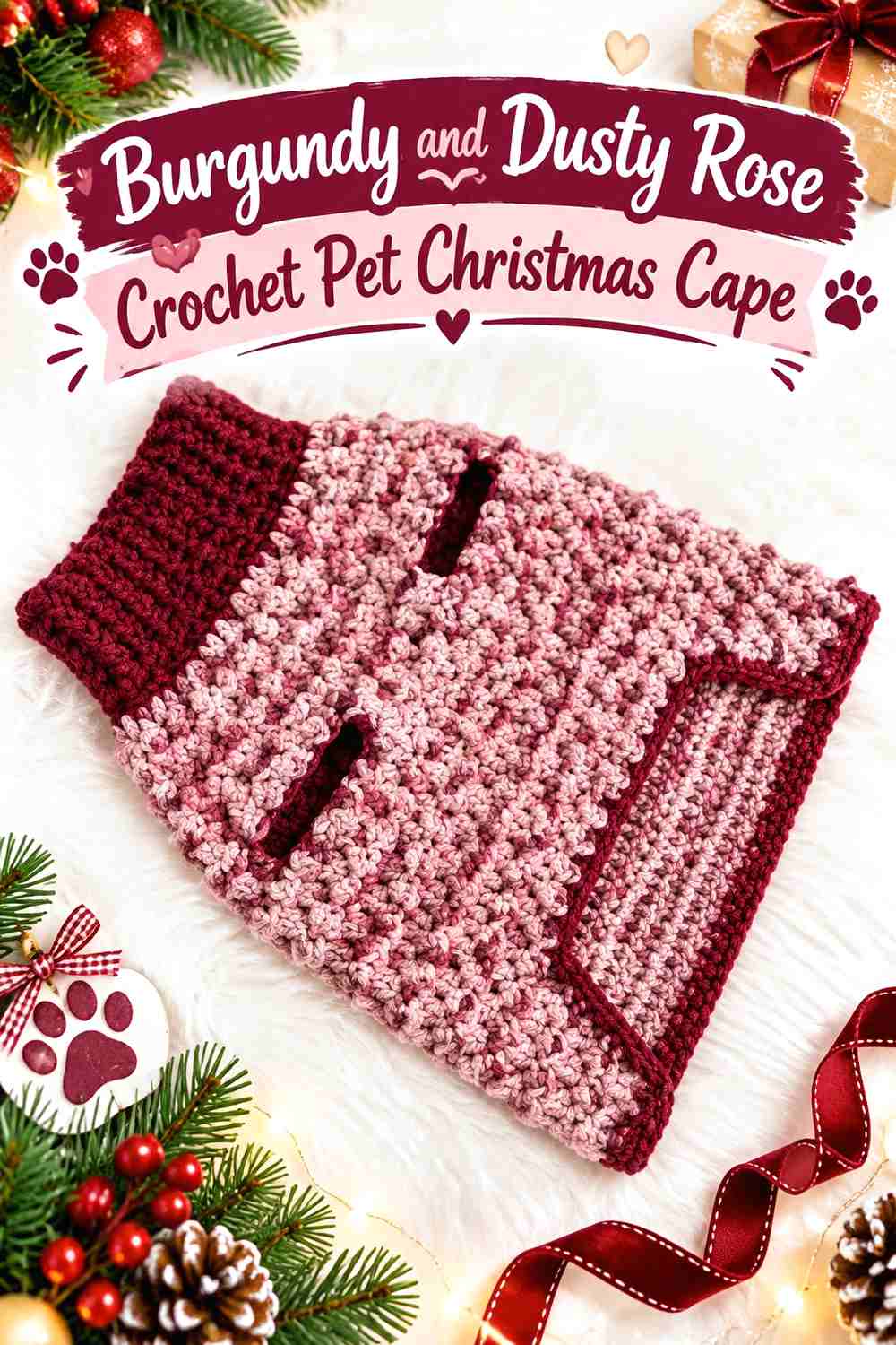 7. Burgundy and Dusty Rose Crochet Pet Christmas Cape