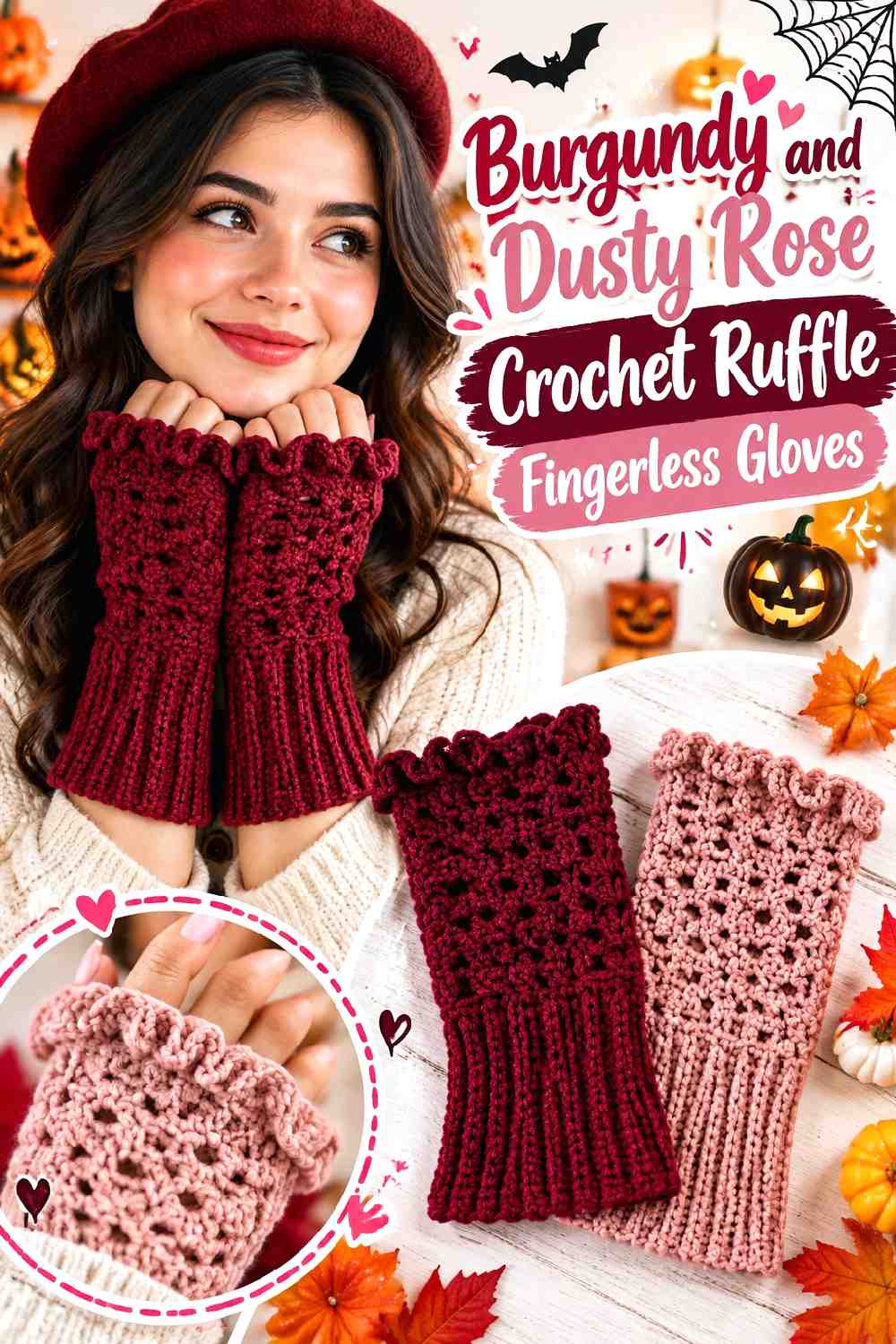 2. Burgundy And Dusty Rose Crochet Ruffle Fingerless Gloves