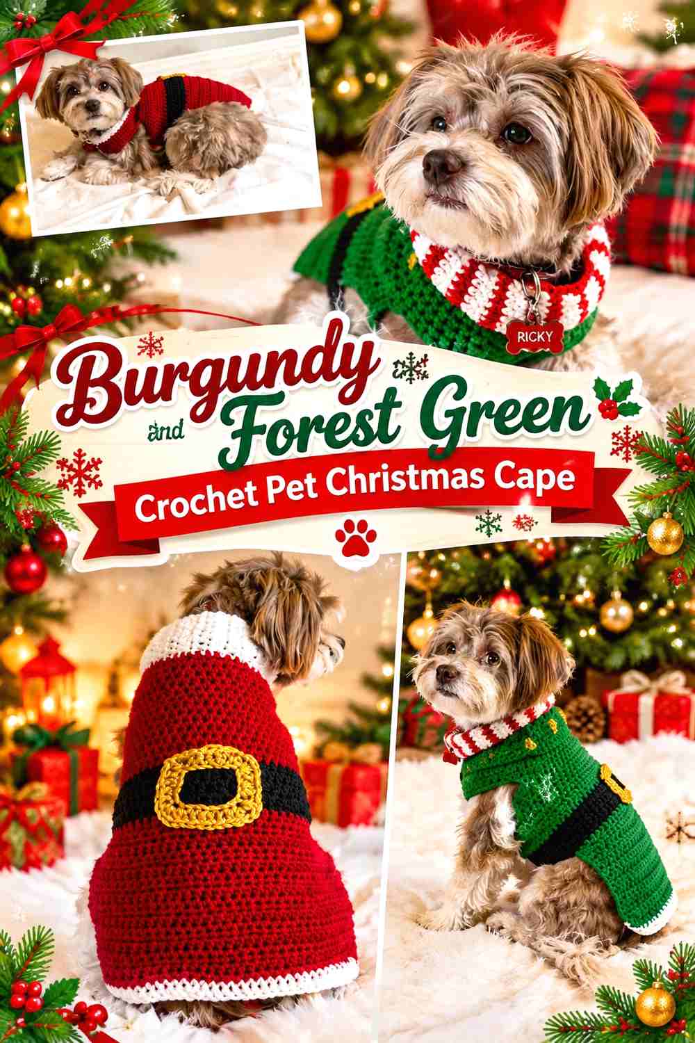2. Burgundy and Forest Green Crochet Pet Christmas Cape
