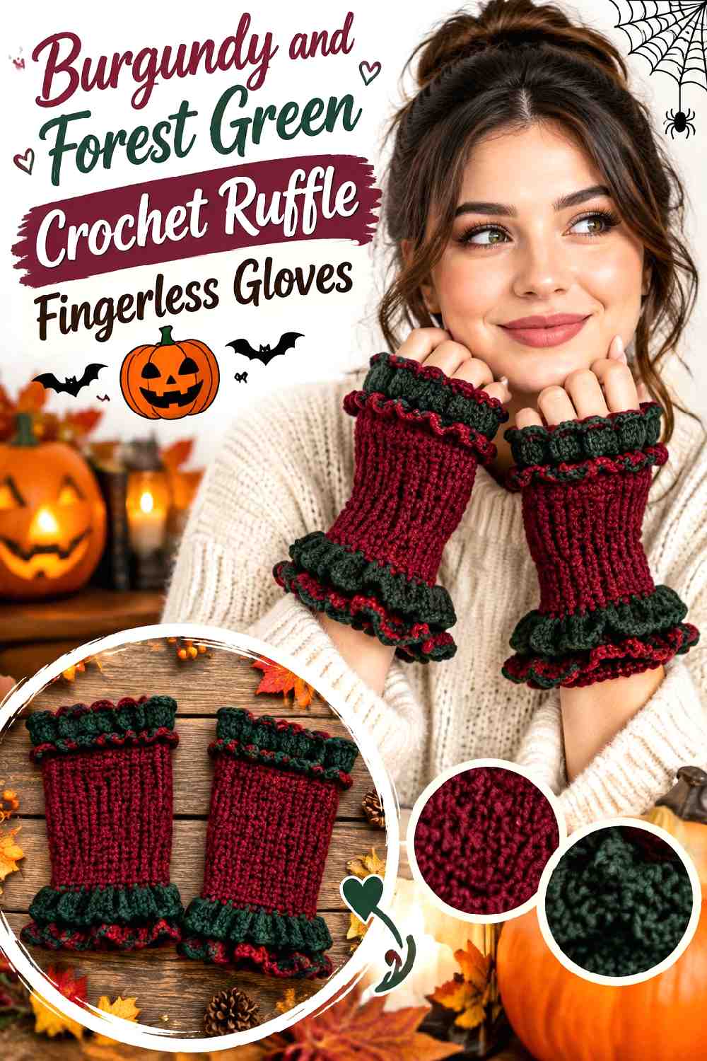 8. Burgundy And Forest Green Crochet Ruffle Fingerless Gloves