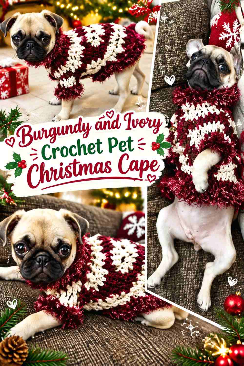 10. Burgundy and Ivory Crochet Pet Christmas Cape