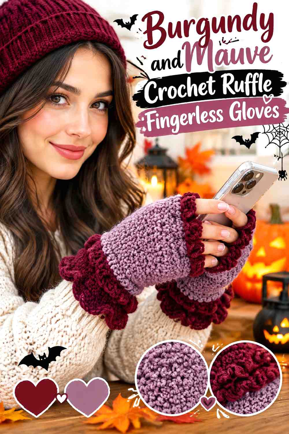 13. Burgundy And Mauve Crochet Ruffle Fingerless Gloves