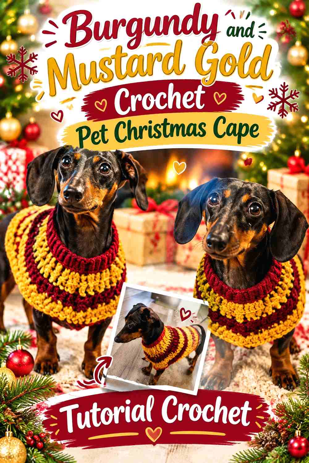 13. Burgundy and Mustard Gold Crochet Pet Christmas Cape