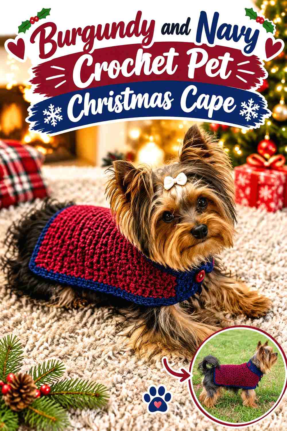 11. Burgundy and Navy Crochet Pet Christmas Cape