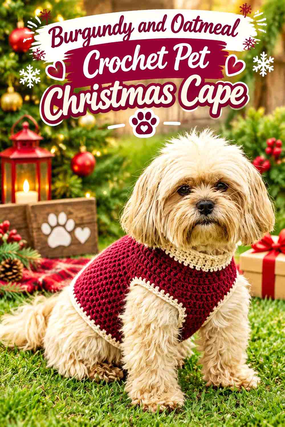 4. Burgundy and Oatmeal Crochet Pet Christmas Cape