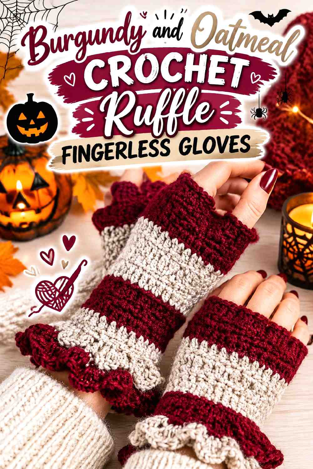 4. Burgundy And Oatmeal Crochet Ruffle Fingerless Gloves