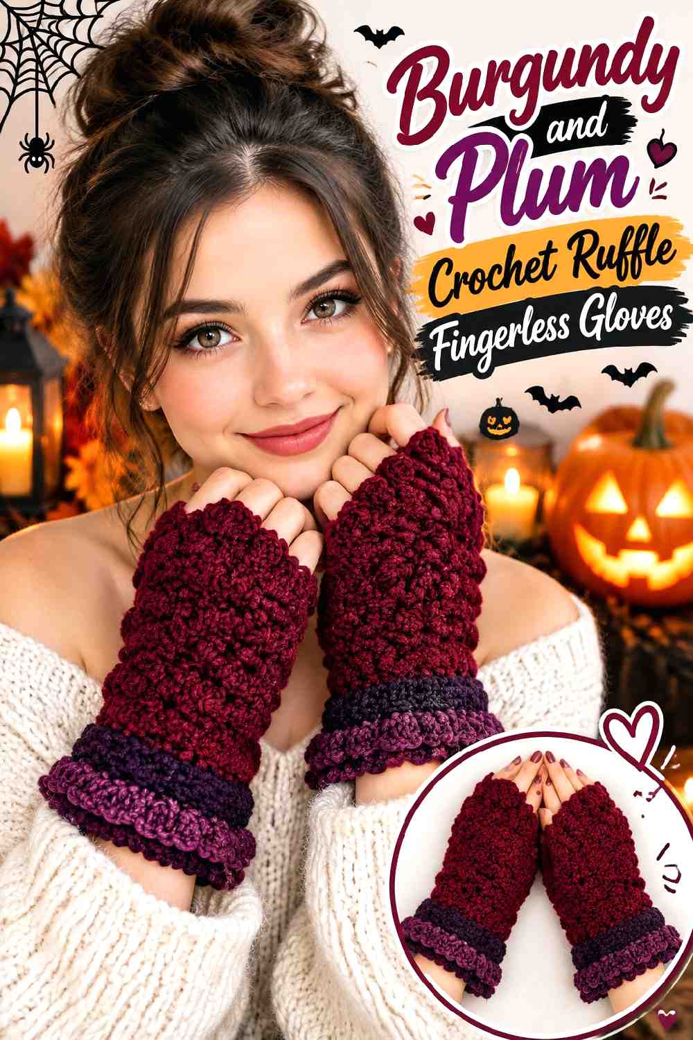 16. Burgundy And Plum Crochet Ruffle Fingerless Gloves