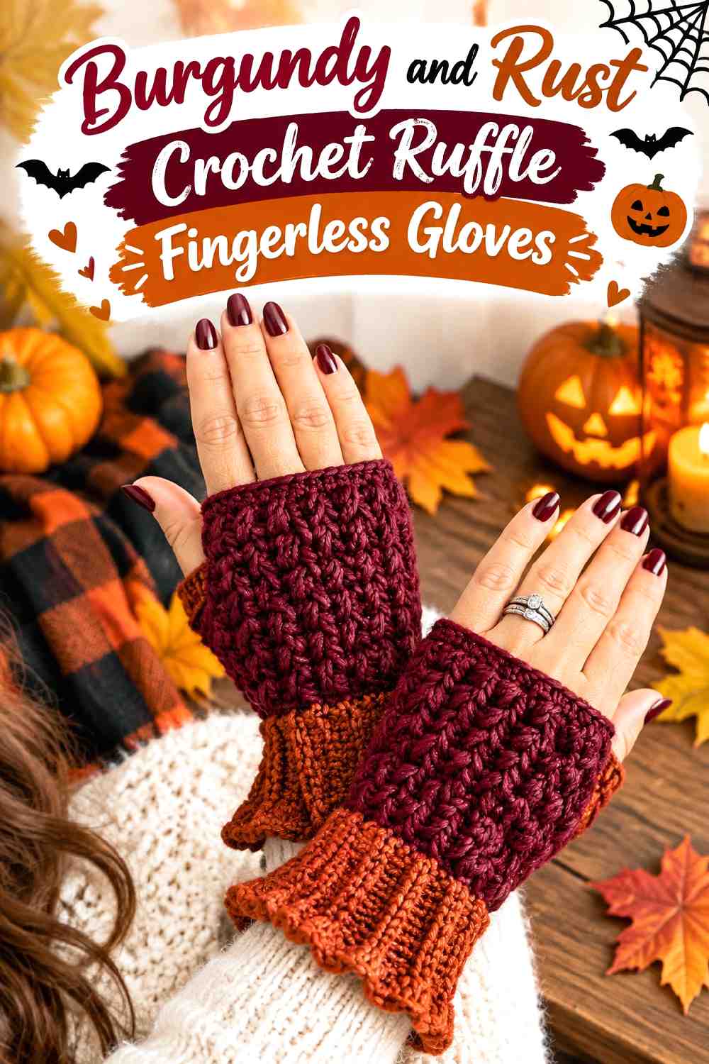 9. Burgundy And Rust Crochet Ruffle Fingerless Gloves