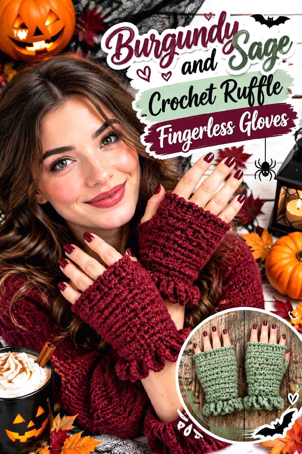 10. Burgundy And Sage Crochet Ruffle Fingerless Gloves