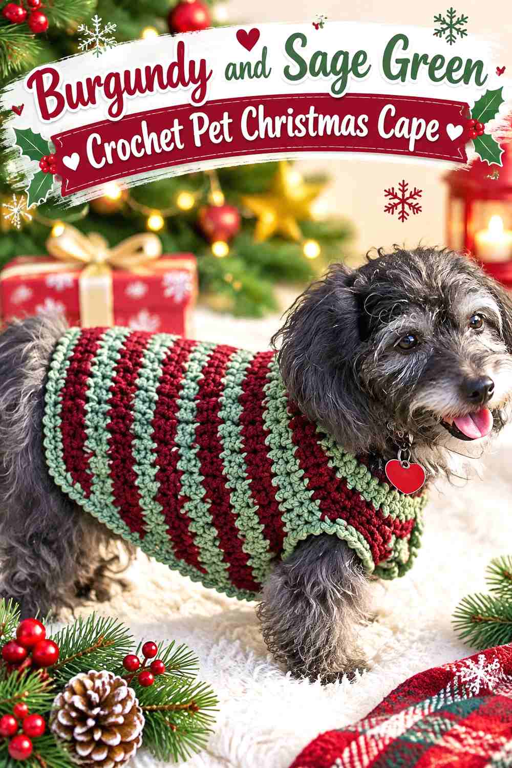 6. Burgundy and Sage Green Crochet Pet Christmas Cape