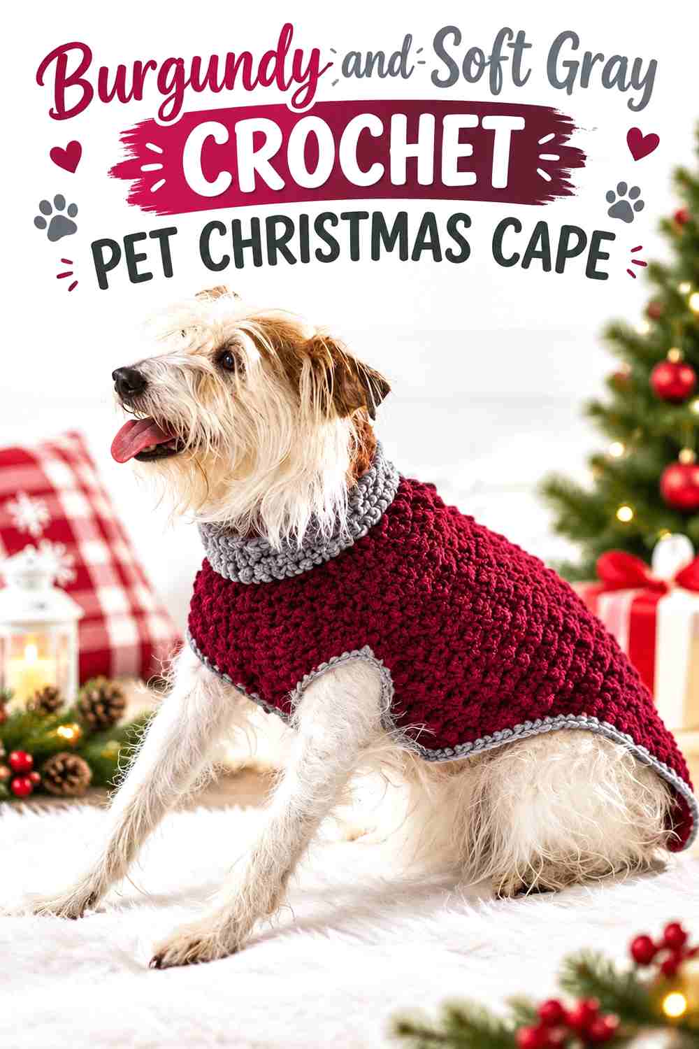 14. Burgundy and Soft Gray Crochet Pet Christmas Cape