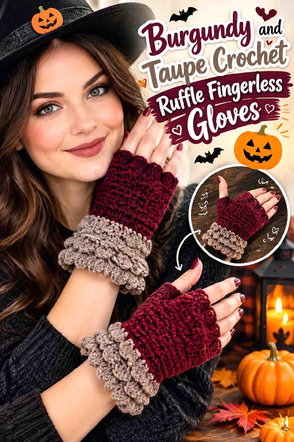 17. Burgundy And Taupe Crochet Ruffle Fingerless Gloves