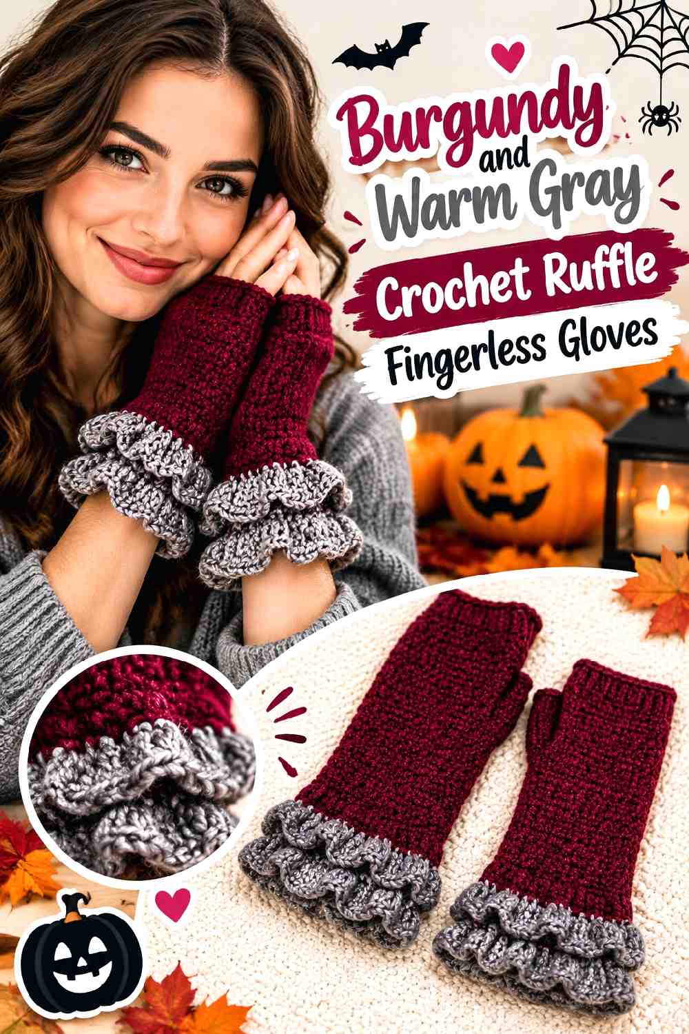 14. Burgundy And Warm Gray Crochet Ruffle Fingerless Gloves