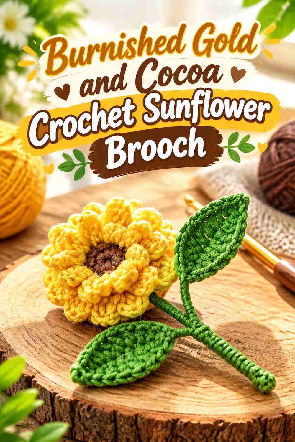 12. Burnished Gold And Cocoa Crochet Sunflower Brooch