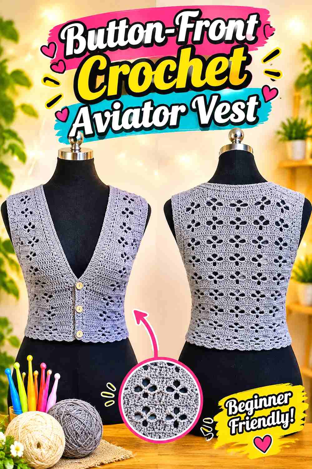 6. Button-Front Crochet Aviator Vest