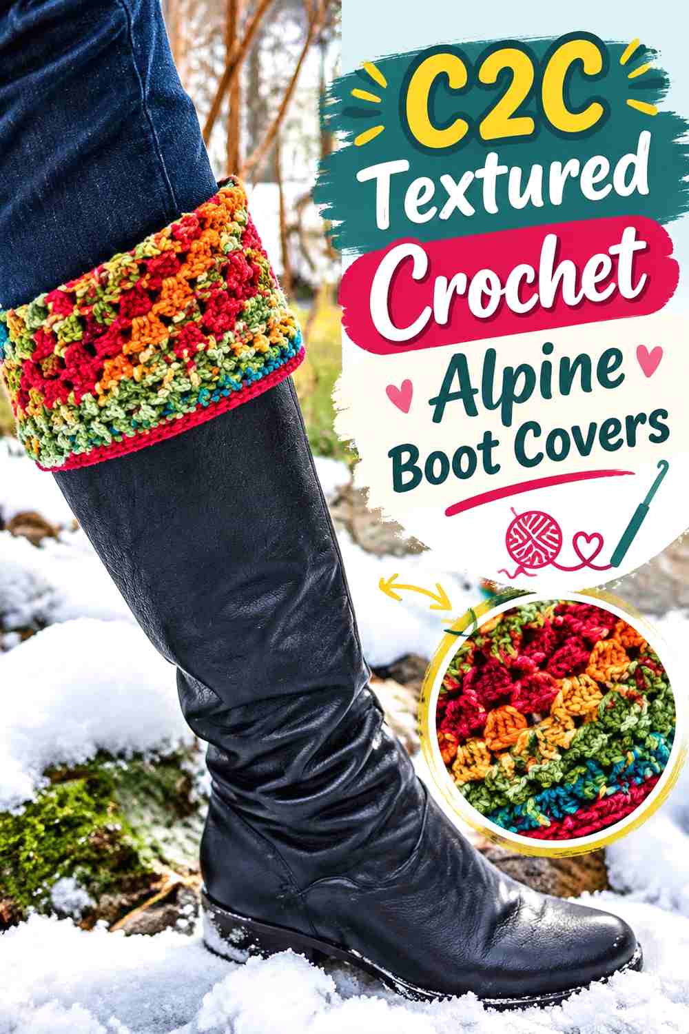 8. C2C Textured Crochet Alpine Boot Covers