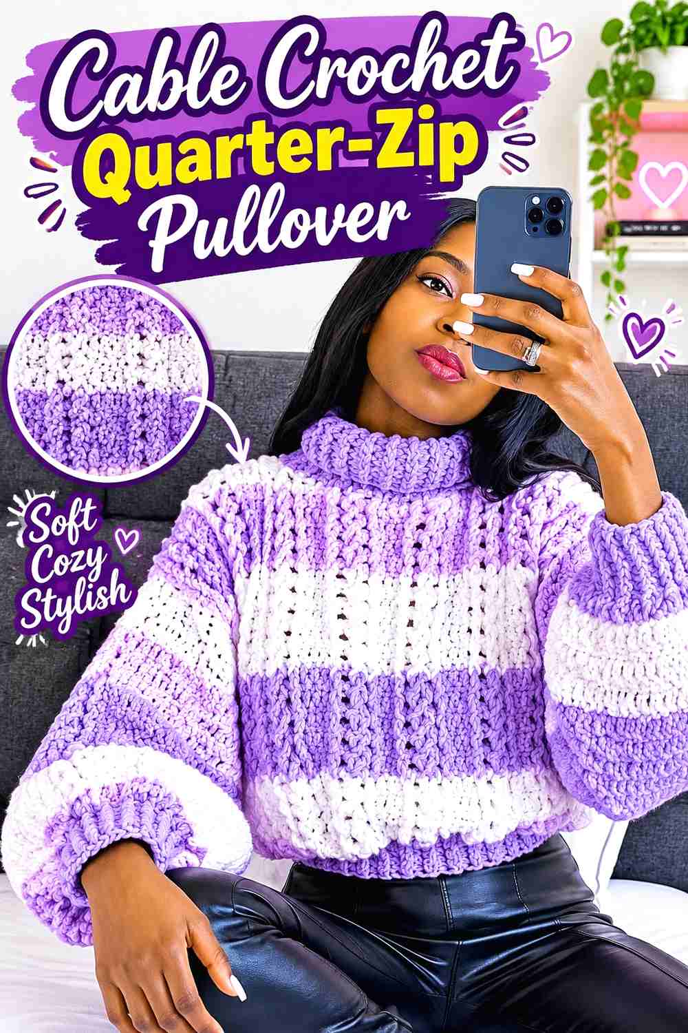 4. Cable Crochet Quarter-Zip Pullover