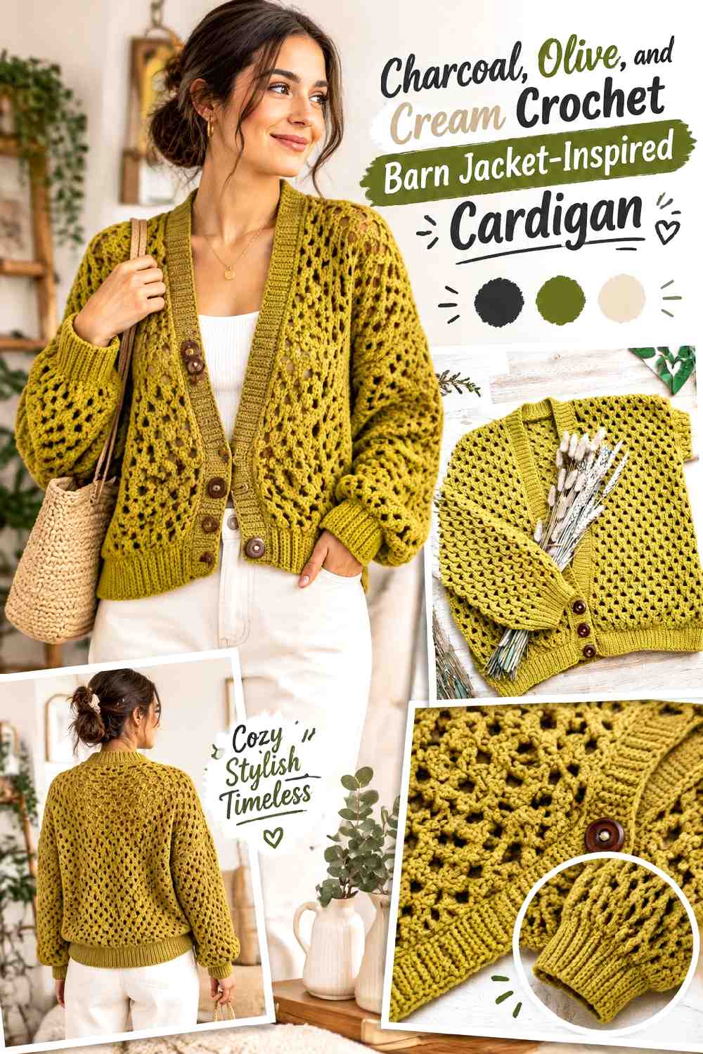 19. Charcoal Olive And Cream Crochet Barn Jacket Inspired Cardigan