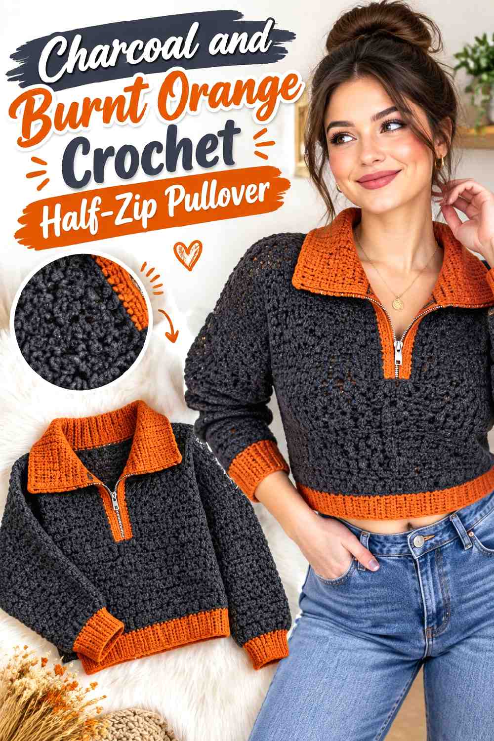 8. Charcoal And Burnt Orange Crochet Half Zip Pullover
