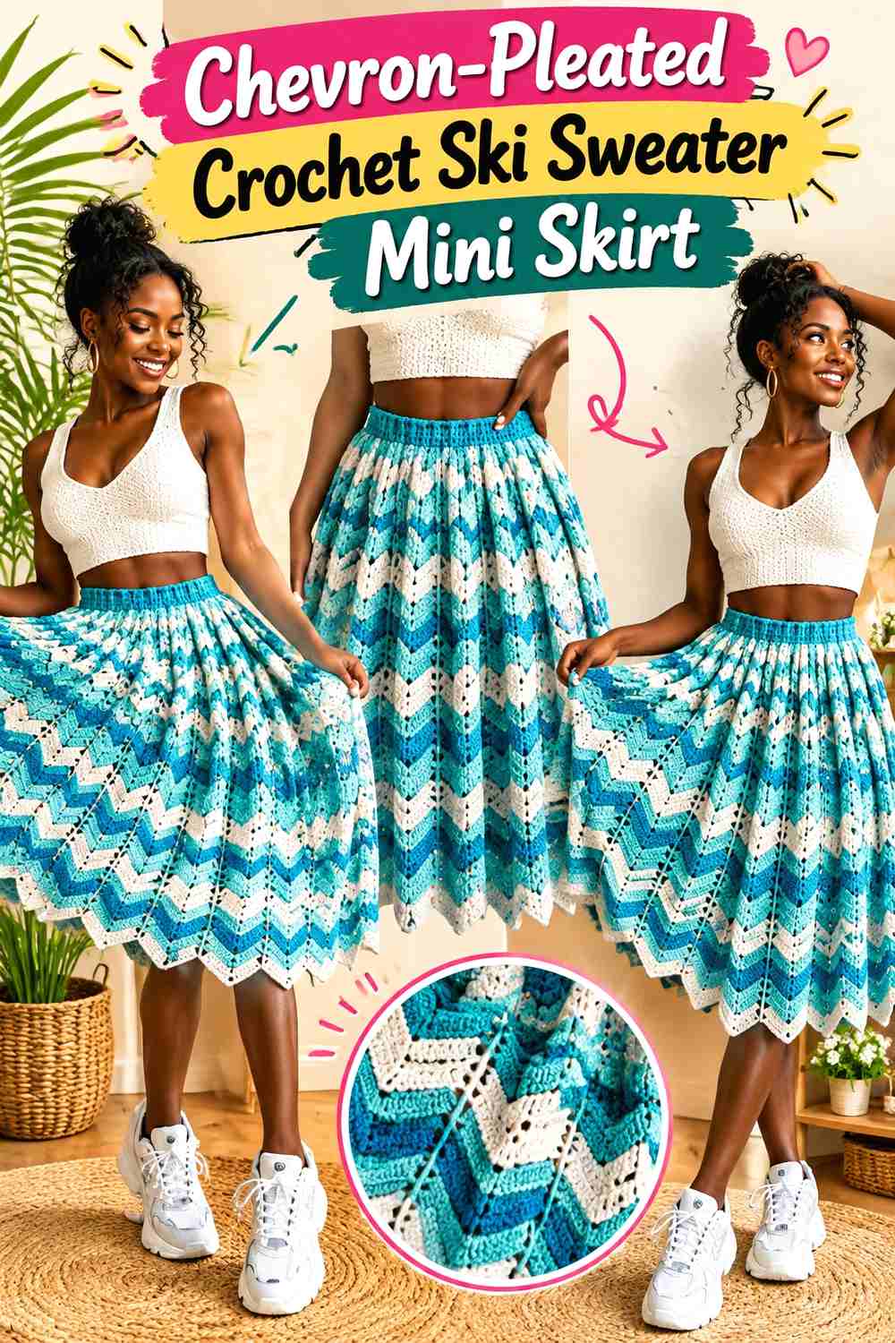 3. Chevron-Pleated Crochet Ski Sweater Mini Skirt