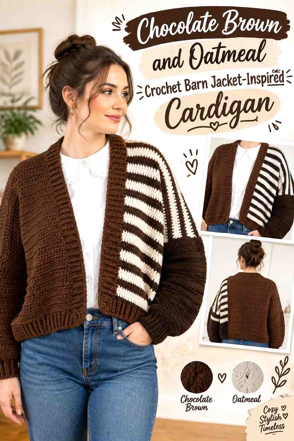 5. Chocolate Brown And Oatmeal Crochet Barn Jacket Inspired Cardigan
