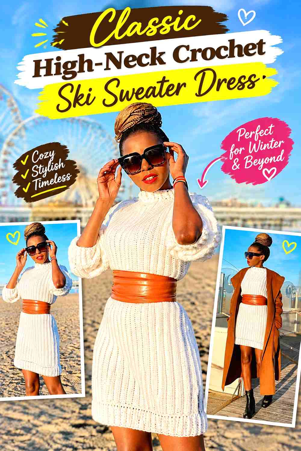 2. Classic High-Neck Crochet Ski Sweater Dress
