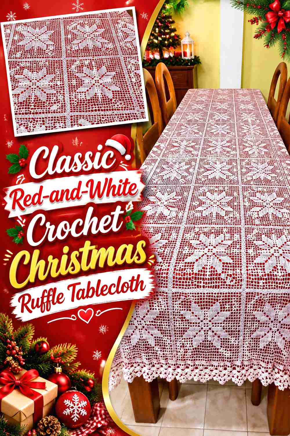 1. Classic Red-and-White Crochet Christmas Ruffle Tablecloth