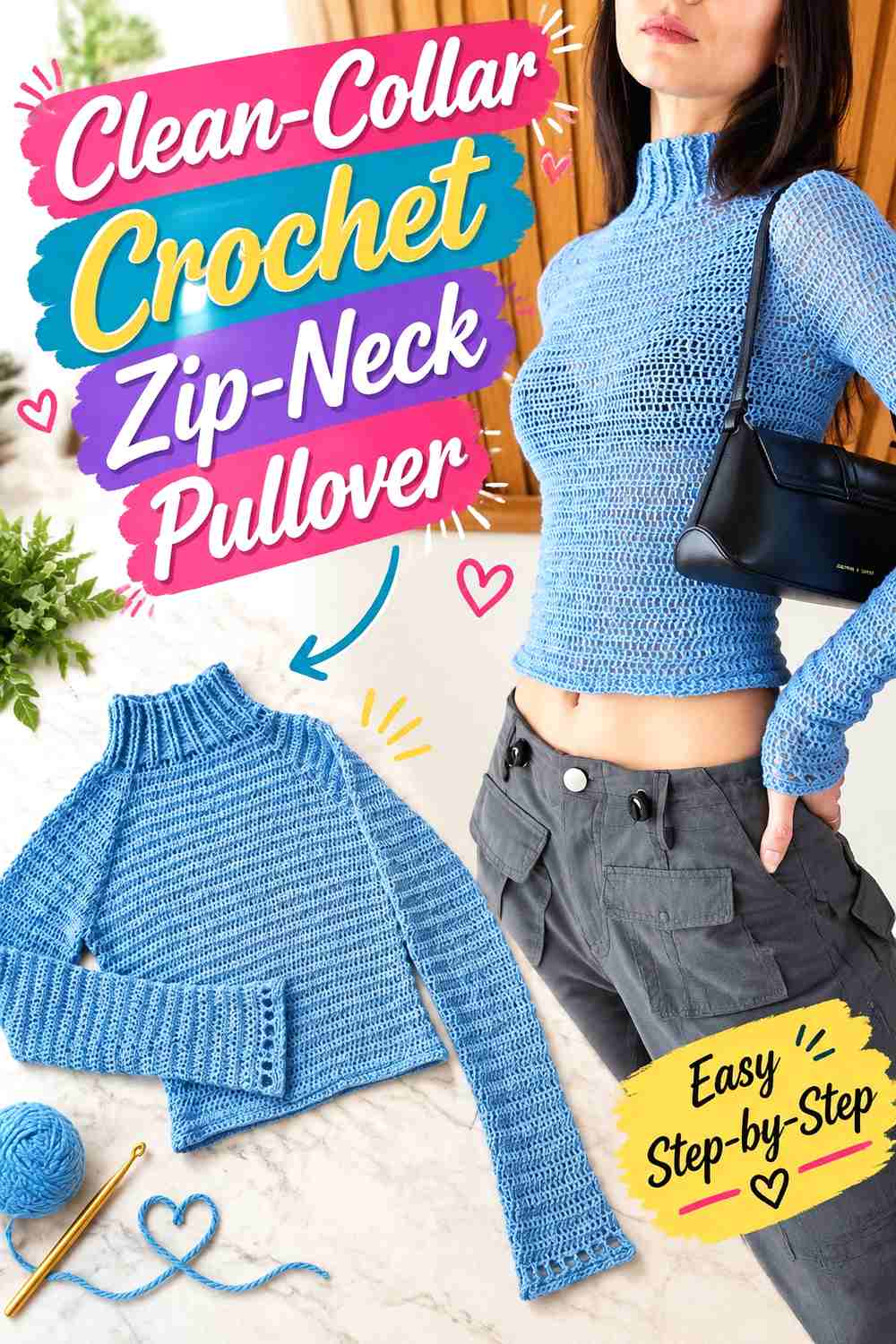 2. Clean-Collar Crochet Zip-Neck Pullover