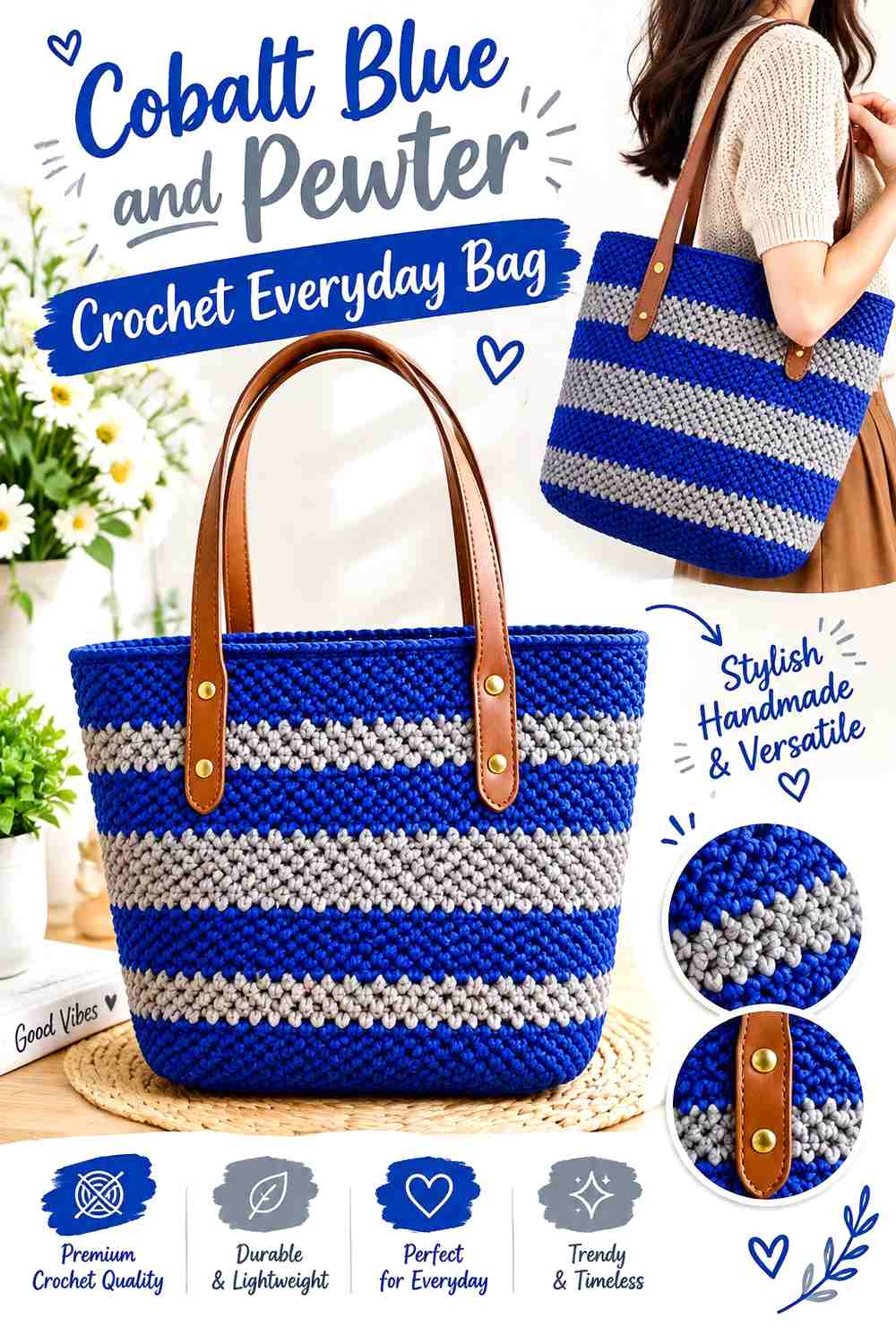 17. Cobalt Blue And Pewter Crochet Everyday Bag