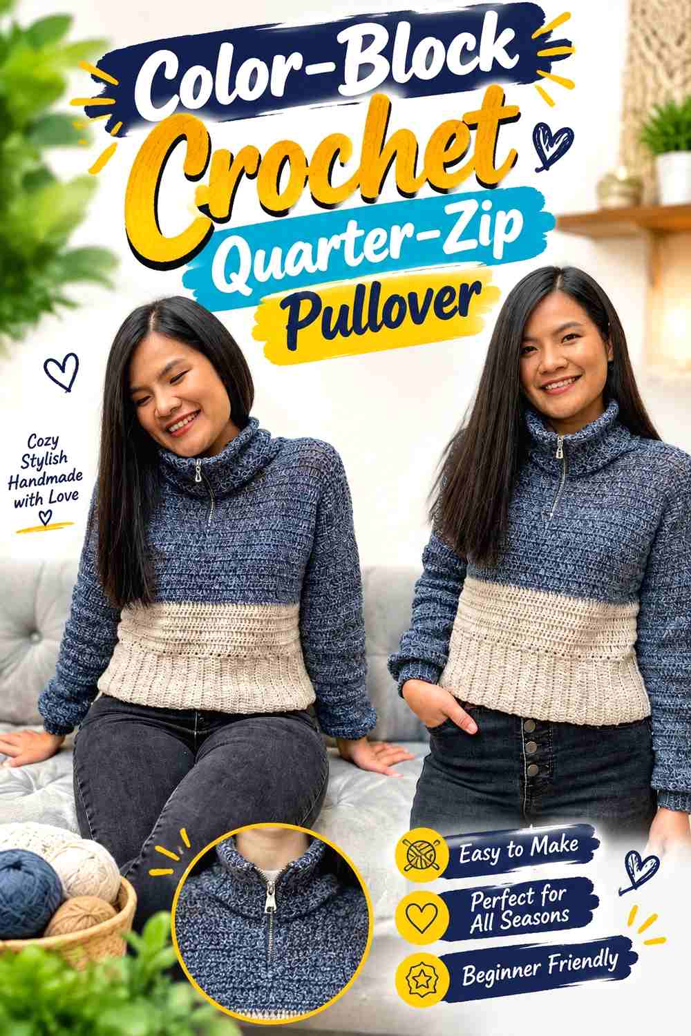 18. Color-Block Crochet Quarter-Zip Pullover