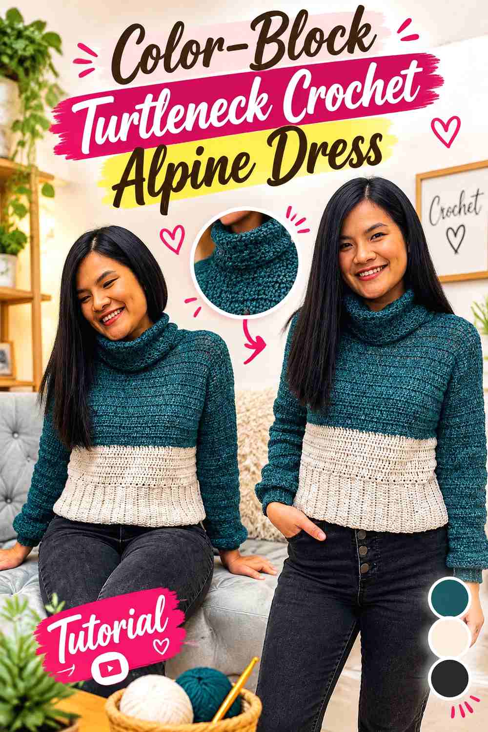 13. Color-Block Turtleneck Crochet Alpine Dress
