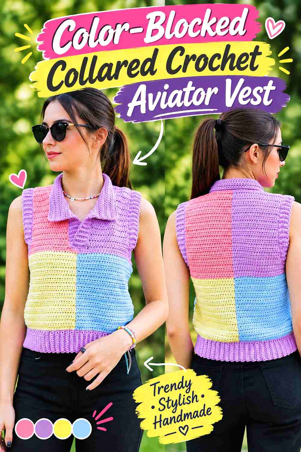 4. Color-Blocked Collared Crochet Aviator Vest