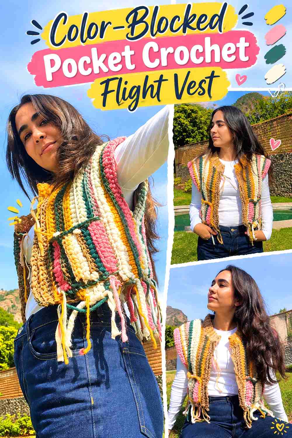 14. Color-Blocked Pocket Crochet Flight Vest