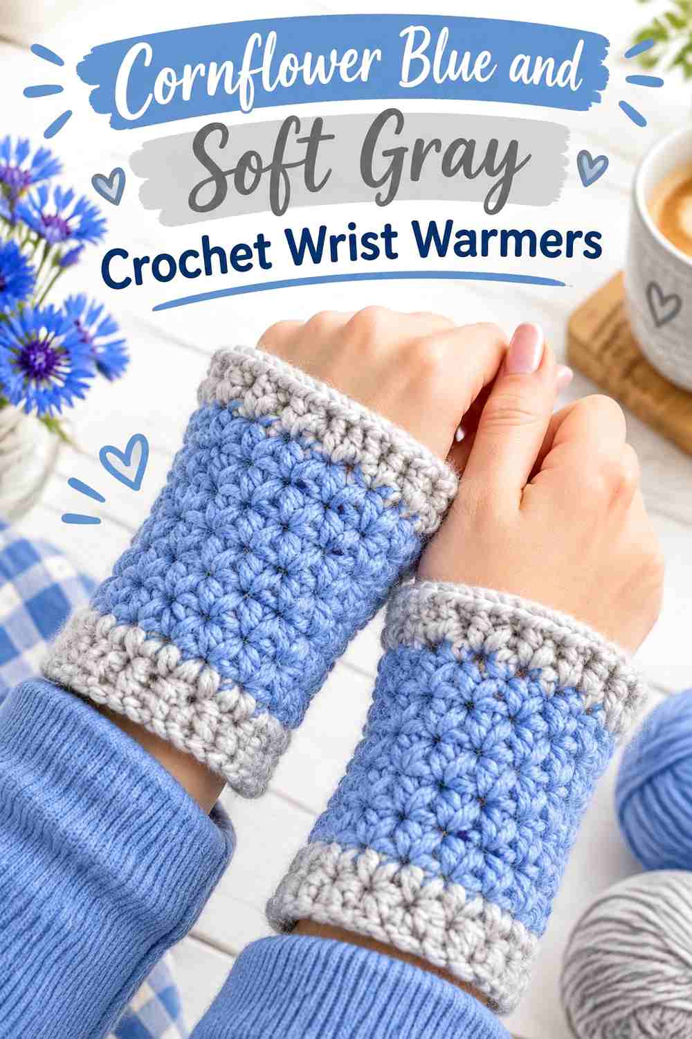 11. Cornflower Blue And Soft Gray Crochet Wrist Warmers